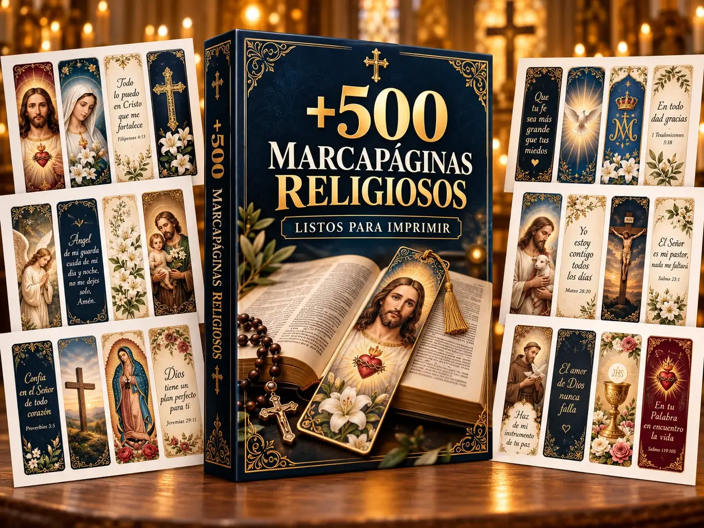 Portada con +500 marcapaginas católicos listos para imprimir, con imágenes de Jesús, María y los Santos