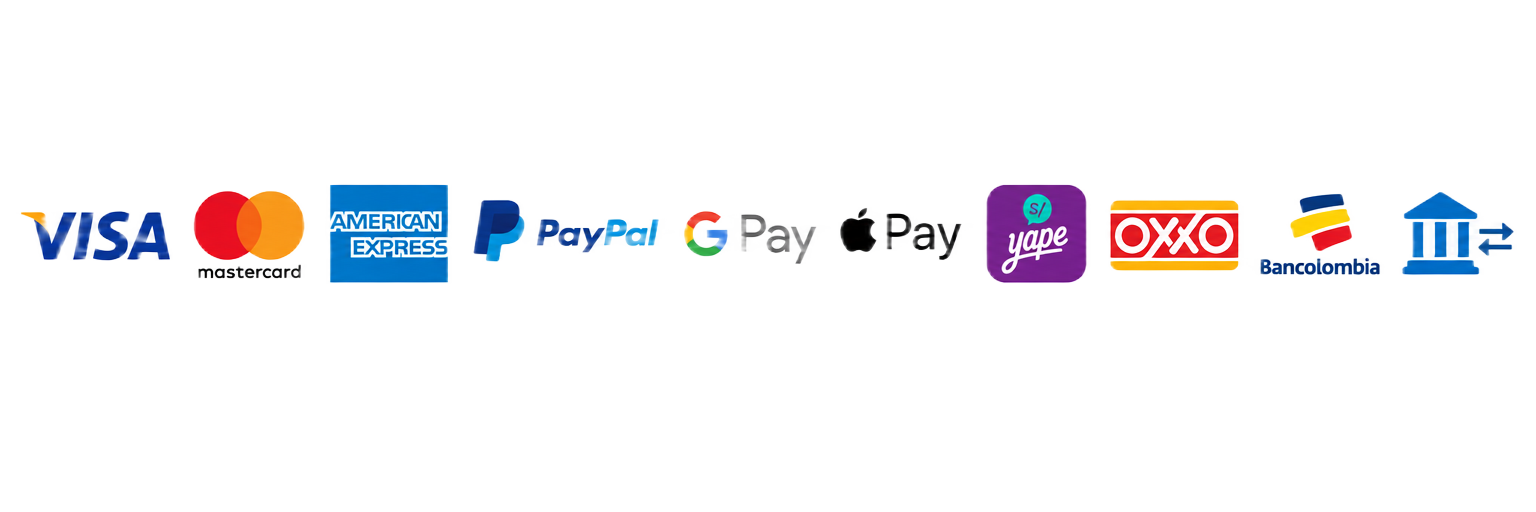 Métodos de pago aceptados: Visa, Mastercard, American Express, PayPal, Google Pay, Apple Pay, Yape, Oxxo, Bancolombia y transferencia bancaria